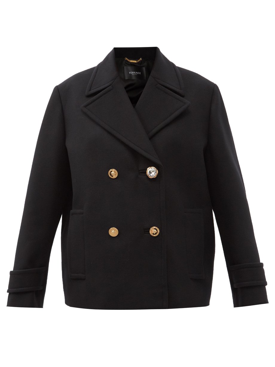 Black Crystal-button double-breasted wool coat | Versace ...