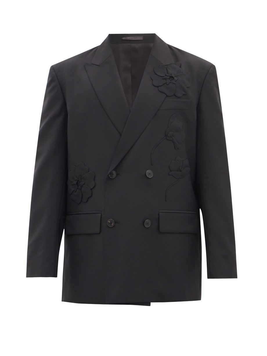 Black Double-breasted wool-blend crepe suit jacket | Valentino ...