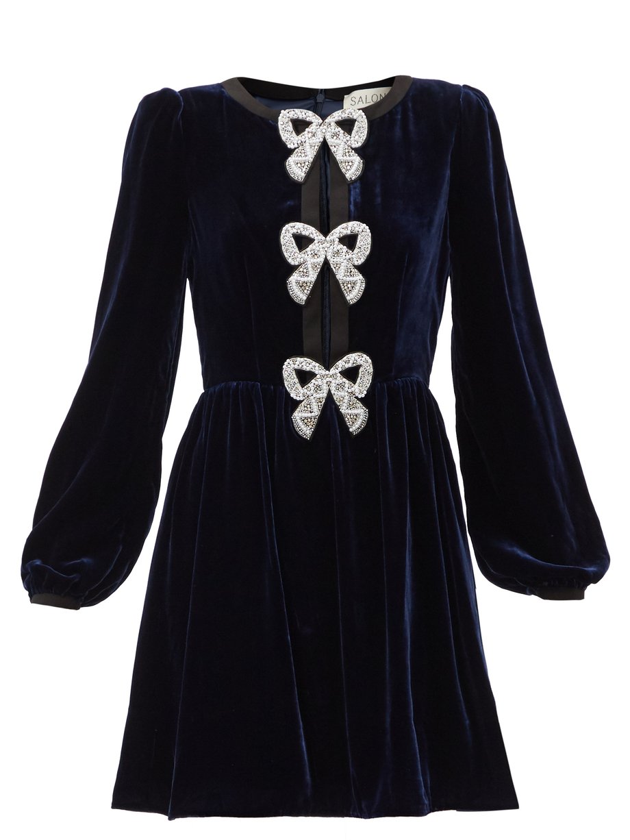 Navy Camille crystal-bow velvet mini dress | Saloni | MATCHESFASHION AU