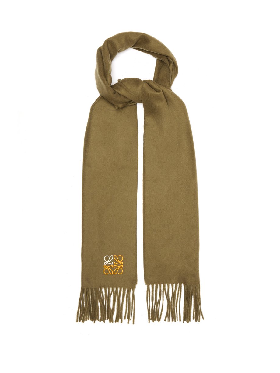 Green Anagram-embroidered fringed cashmere scarf | Loewe ...