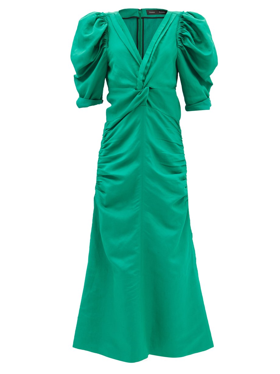 Green Shirred V-neck twill midi dress | Proenza Schouler ...