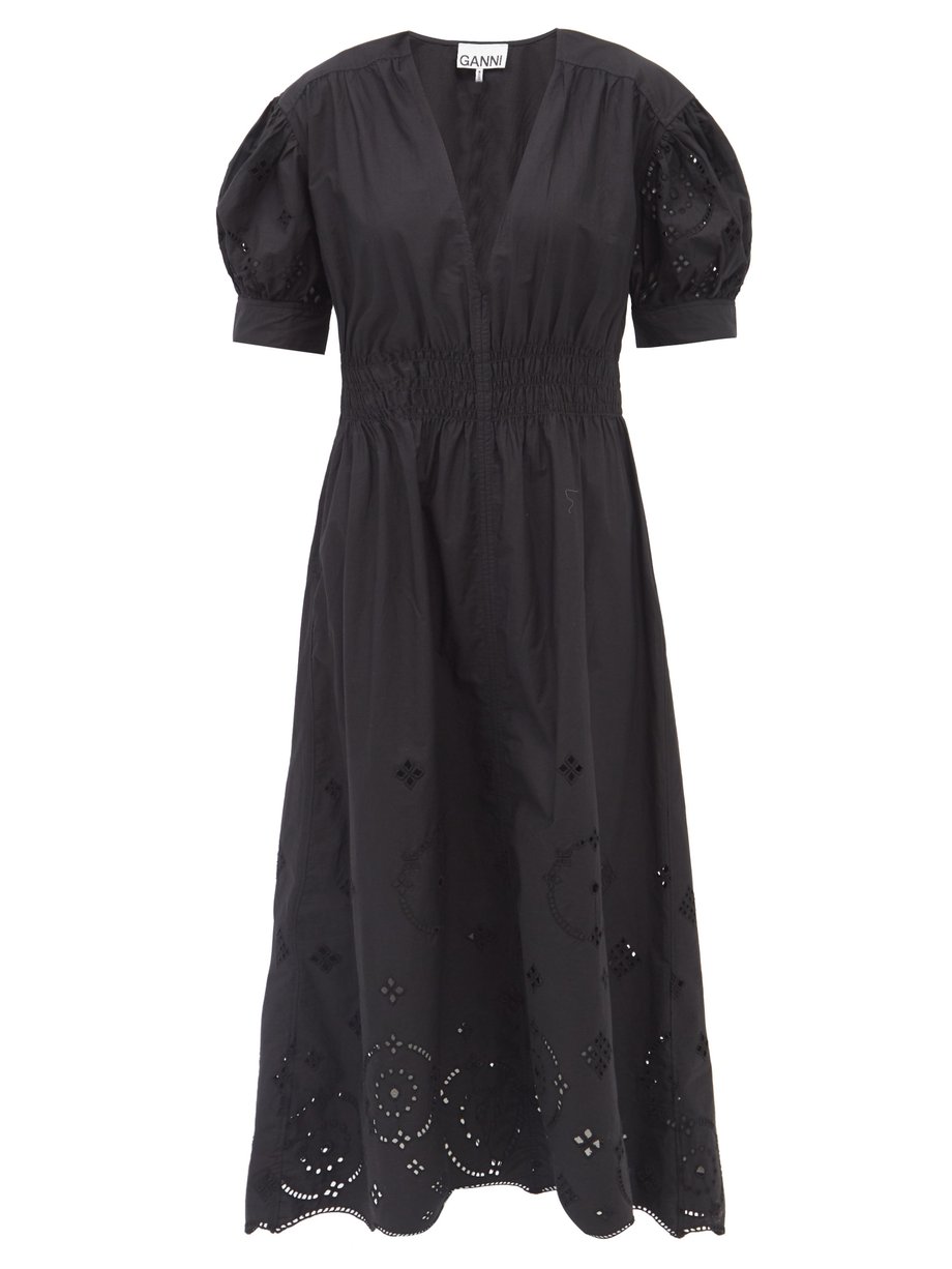 Black Broderie-anglaise organic-cotton midi dress | Ganni ...