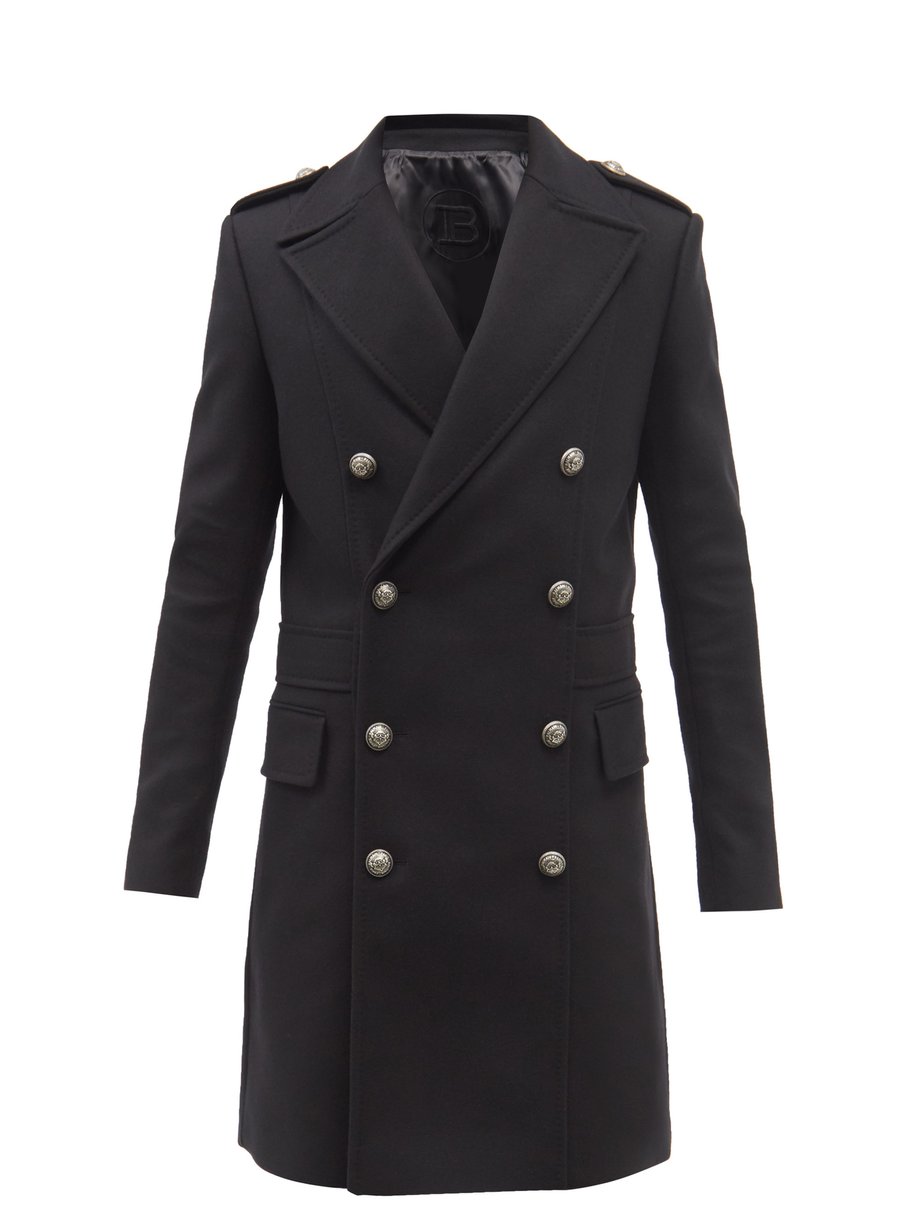 Black Double-breasted wool-blend felt overcoat | Balmain ...