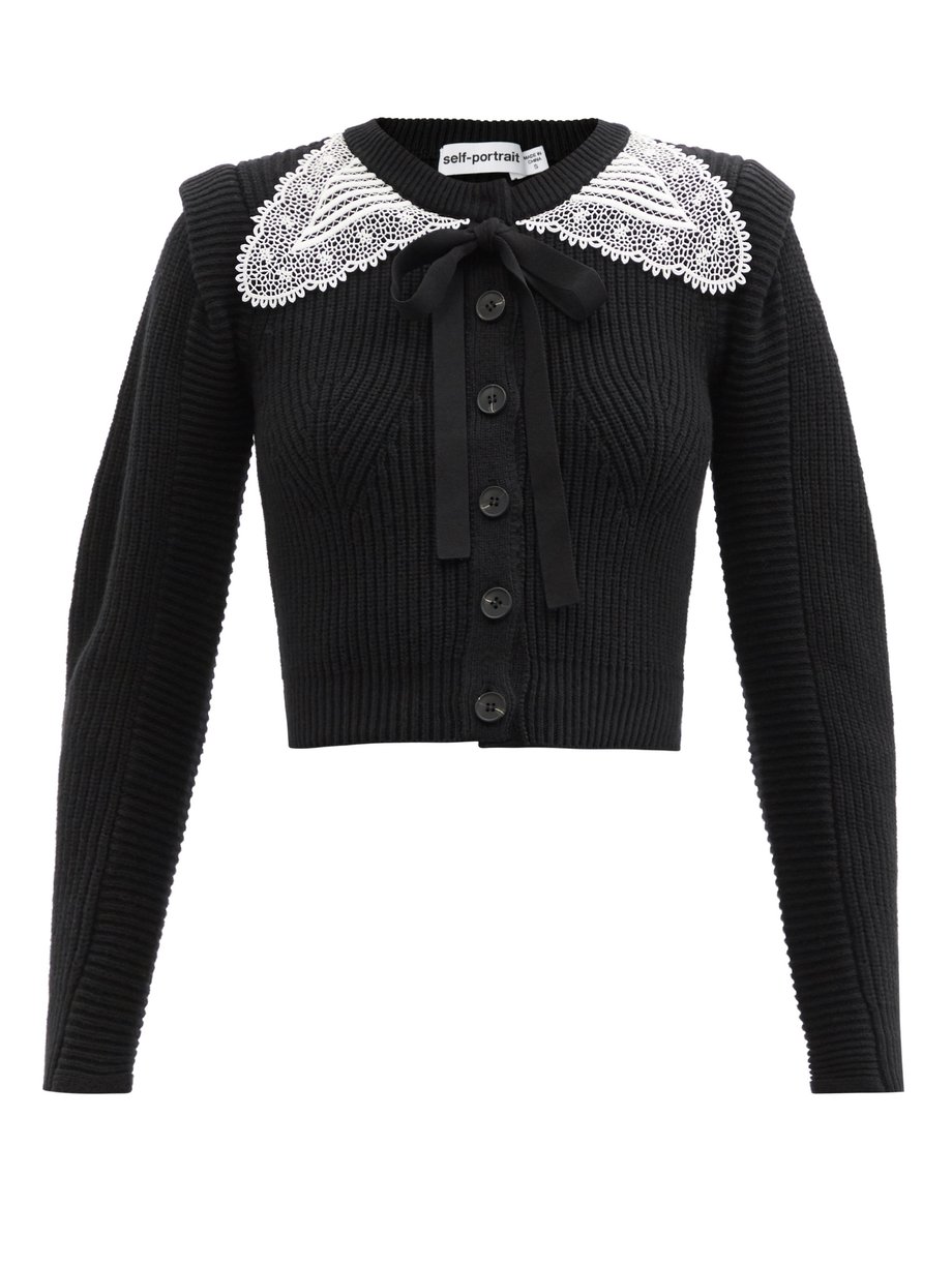Black Guipure lace-collar ribbed wool-blend cardigan | Self-Portrait ...
