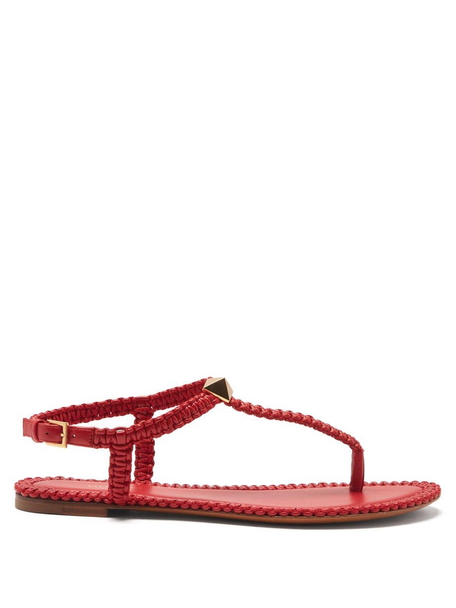 Red Roman Stud flat macramé-leather sandals | Valentino | MATCHESFASHION AU