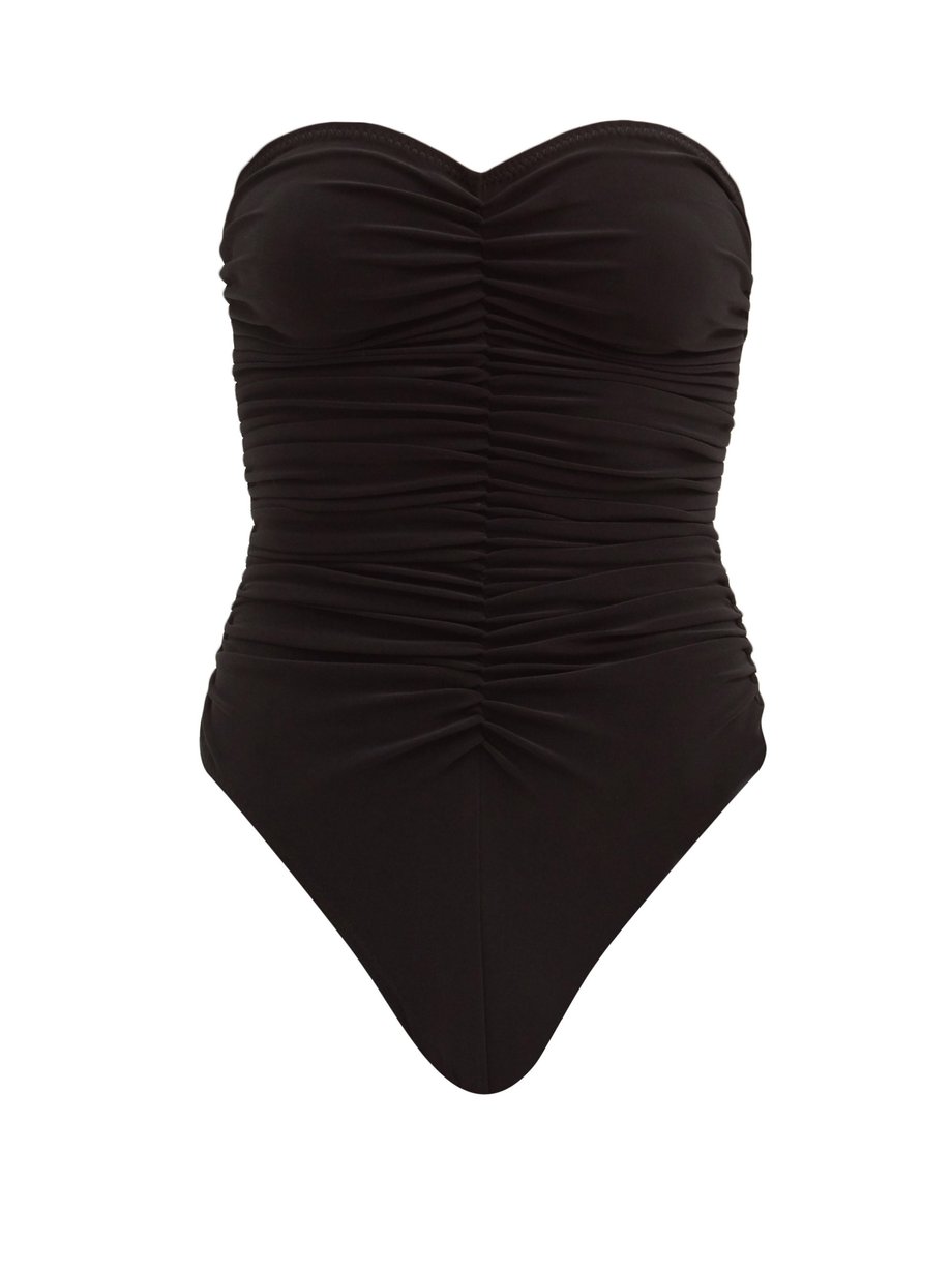 black strapless ruched swimsuit