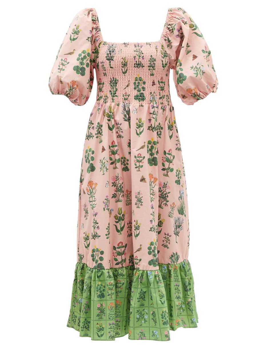 Pink Eloise shirred floral-print cotton-poplin dress | RHODE ...