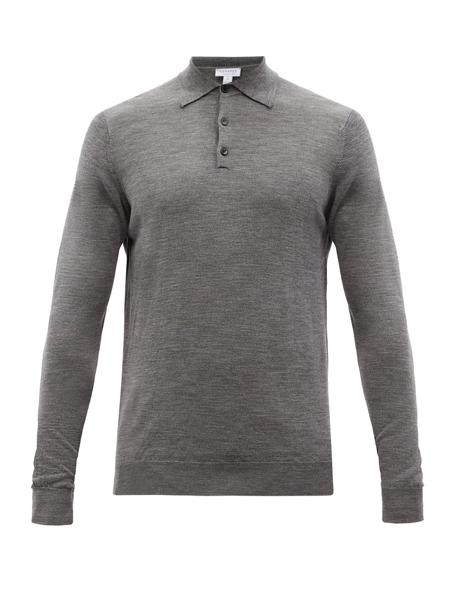 Grey Merino-wool long-sleeved polo shirt | Sunspel | MATCHESFASHION UK