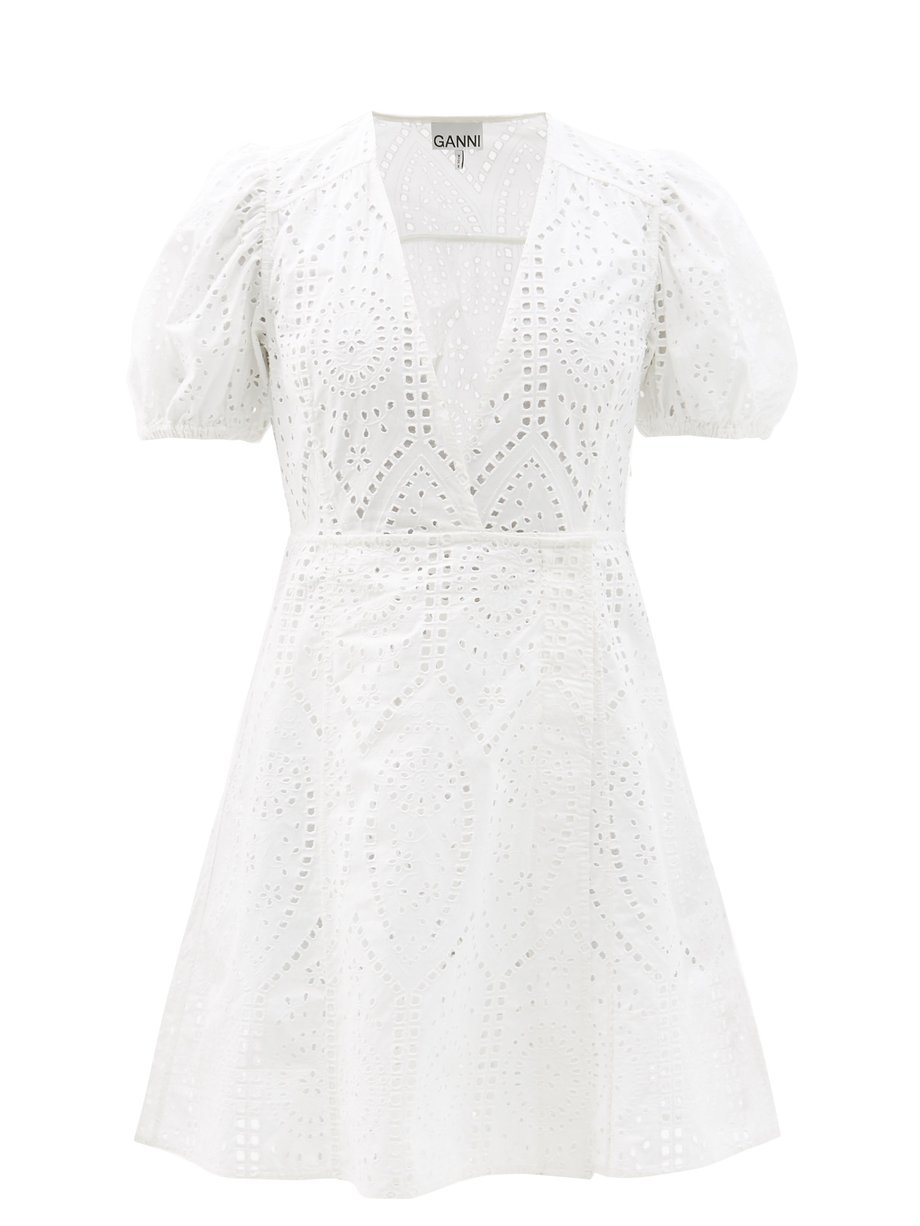 가니 원피스 Ganni White Puff-sleeve broderie-anglaise organic-cotton dress