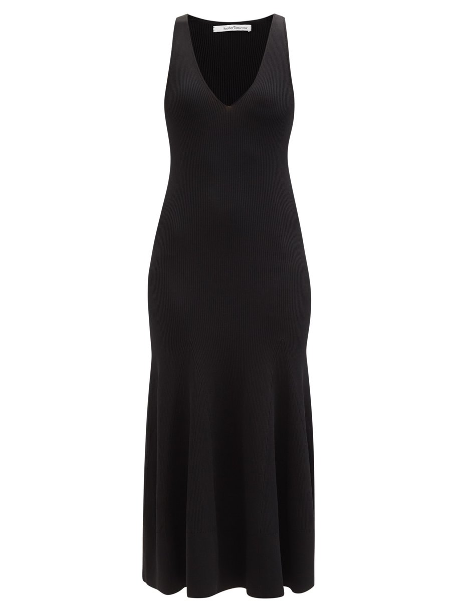 Another Tomorrow Black V-neckline ribbed midi dress | 매치스패션, 모던 럭셔리 온라인 쇼핑