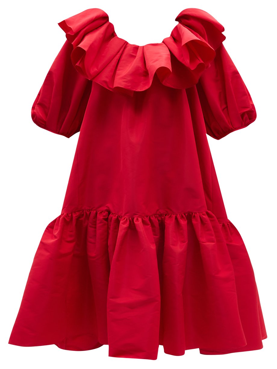 Red Oversized ruffled V-back taffeta midi dress | Alexander McQueen ...
