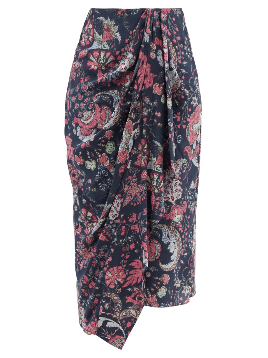 Isabel Marant Navy Bree floral-print wrap silk-blend midi skirt | 매치스패션 ...