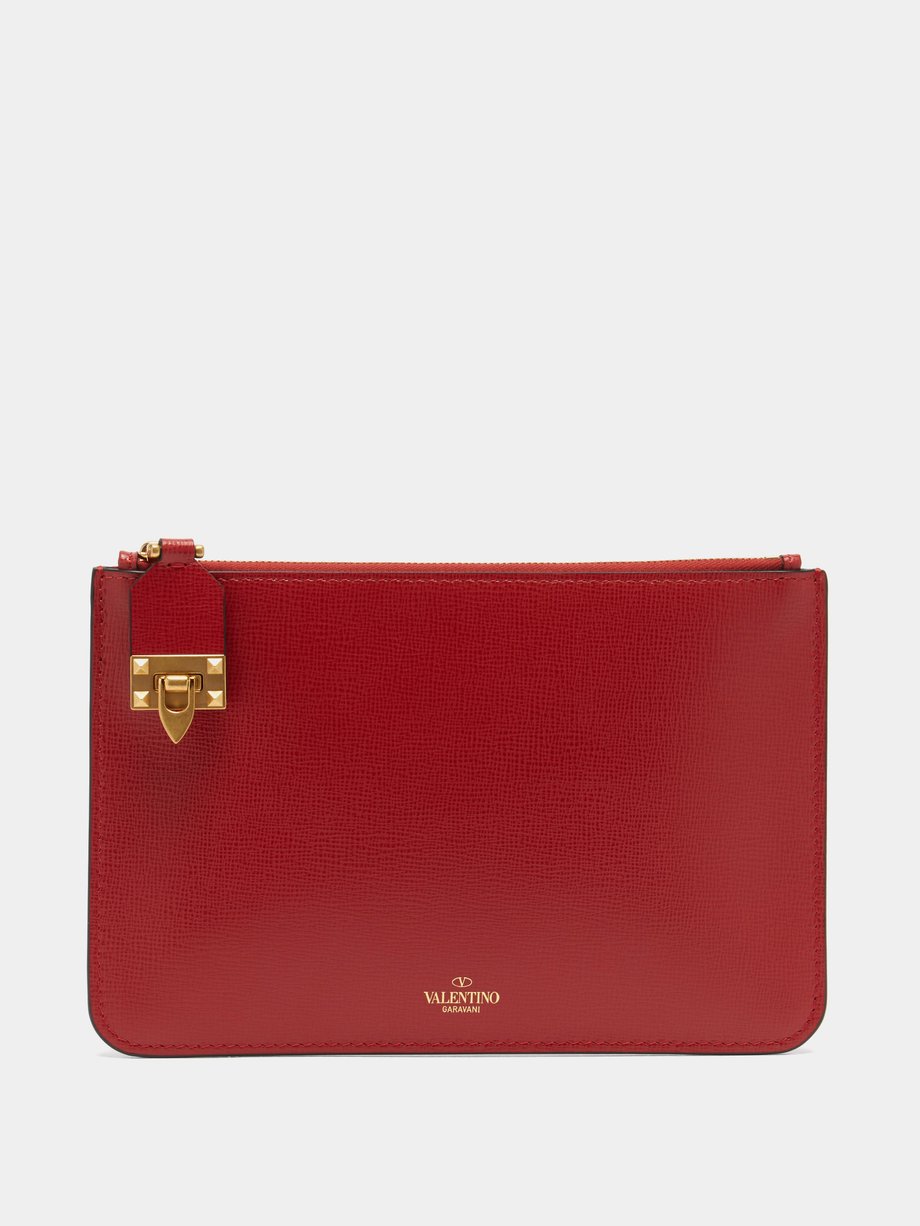 발렌티노 Valentino Red Rockstud flip-clasp leather pouch