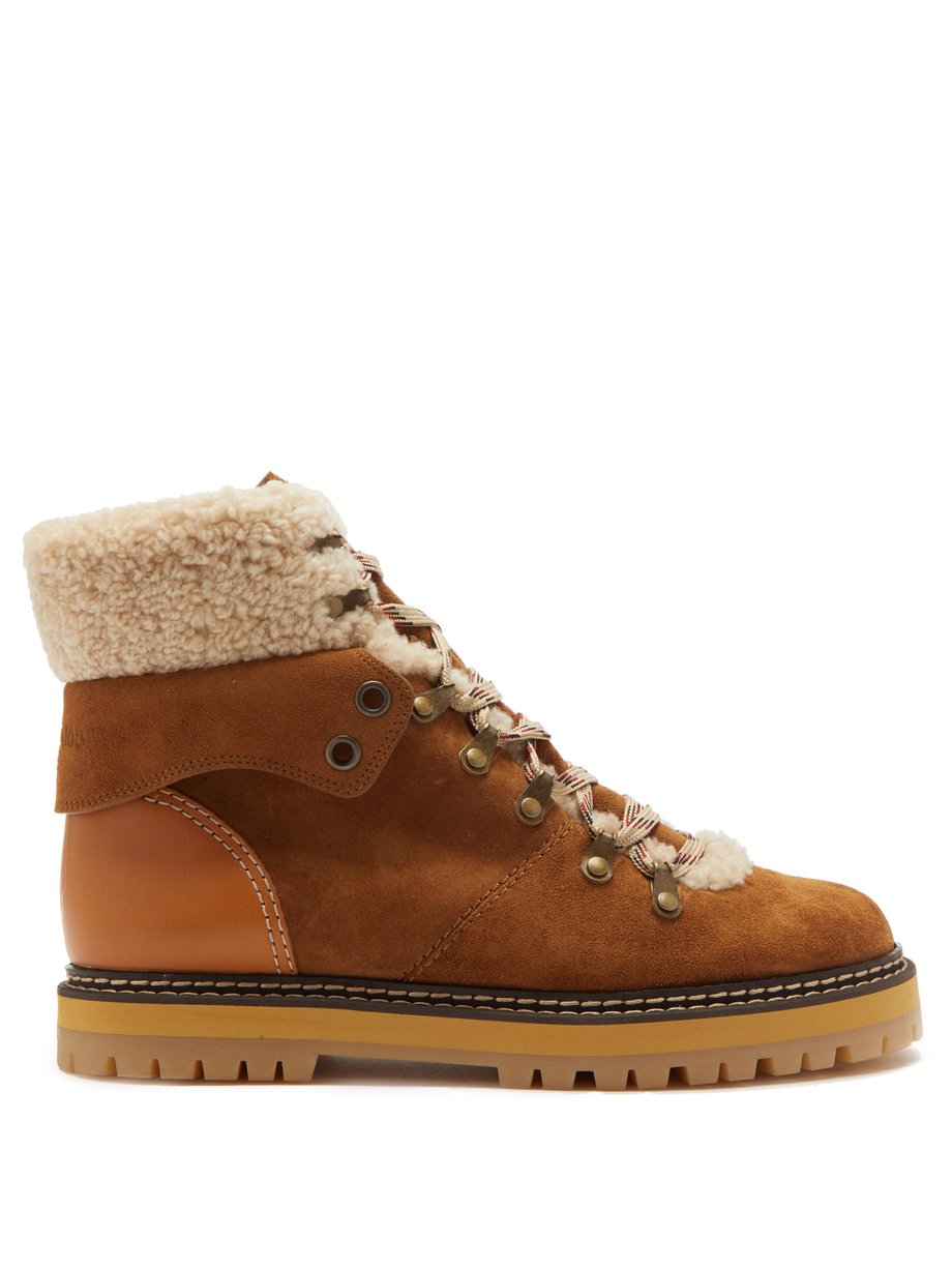 Tan Eileen shearling-lined suede ankle boots | See By Chloé ...