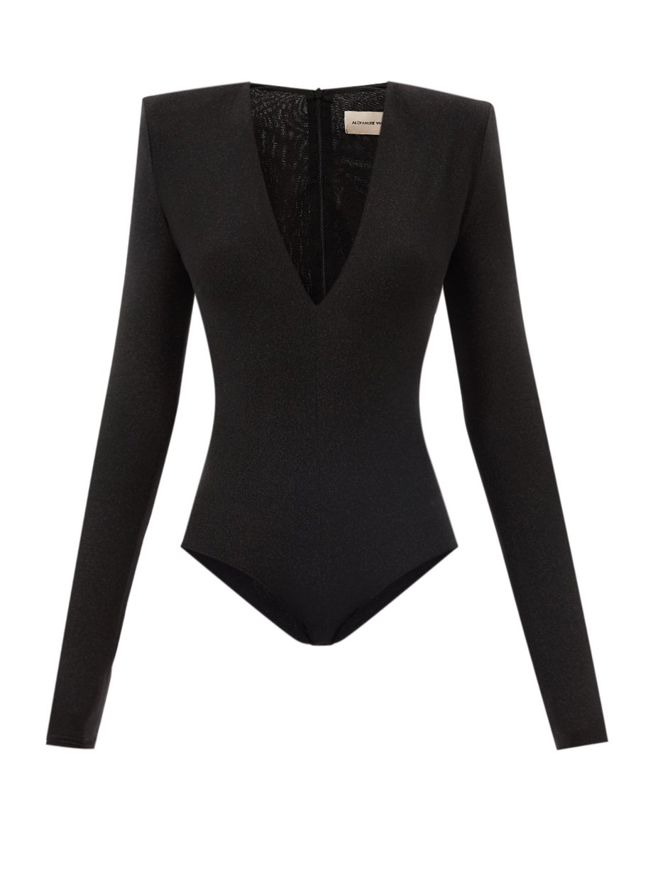 Black Padded-shoulder metallic jersey bodysuit | Alexandre Vauthier ...