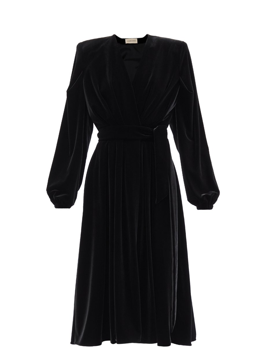 Black Padded-shoulder V-neck velvet wrap dress | Alexandre Vauthier ...