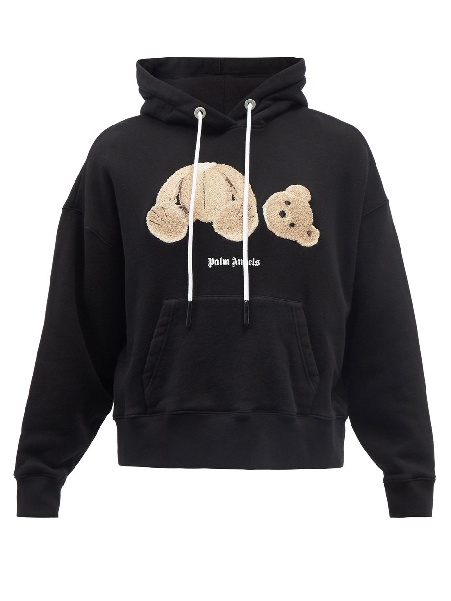 Black Teddy bear cotton-blend jersey hooded sweatshirt | Palm Angels ...