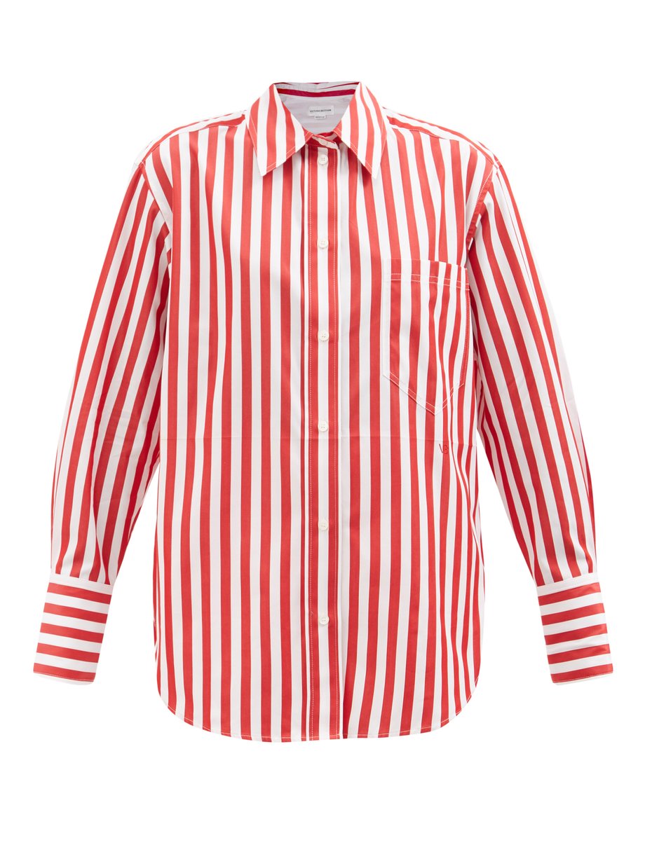 Victoria Beckham Red Logo-embroidered striped cotton-poplin shirt | 매치스 ...