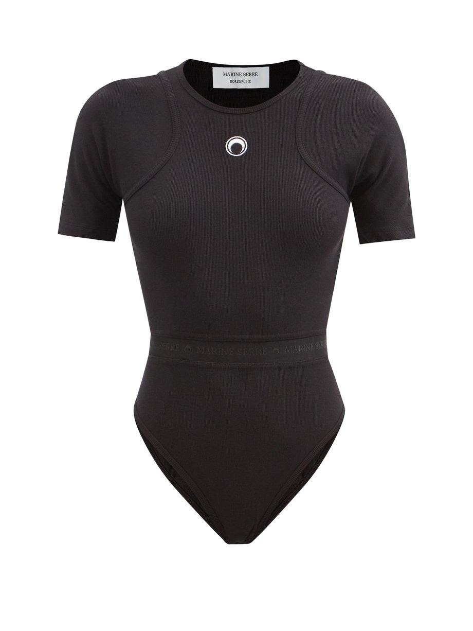 Black Logo-embroidered organic cotton-blend bodysuit | Marine Serre ...