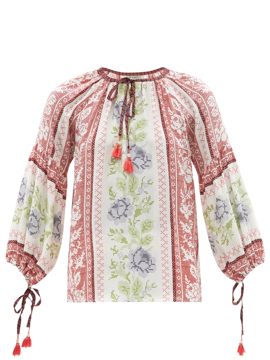 White Alina cross-stitch print silk blouse | D'Ascoli | MATCHESFASHION US