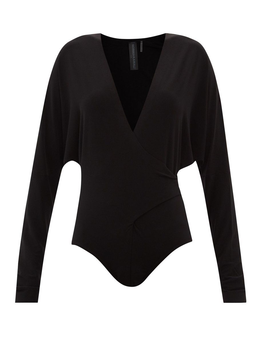 Black Tie-back stretch-jersey wrap bodysuit | Norma Kamali ...