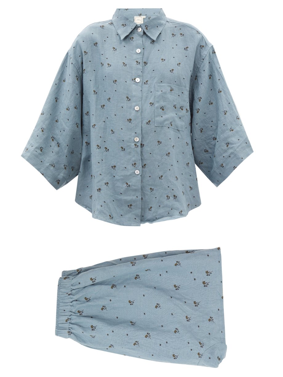 Blue 03 floral-print stonewashed short linen pyjamas | Deiji Studios | MATCHESFASHION UK