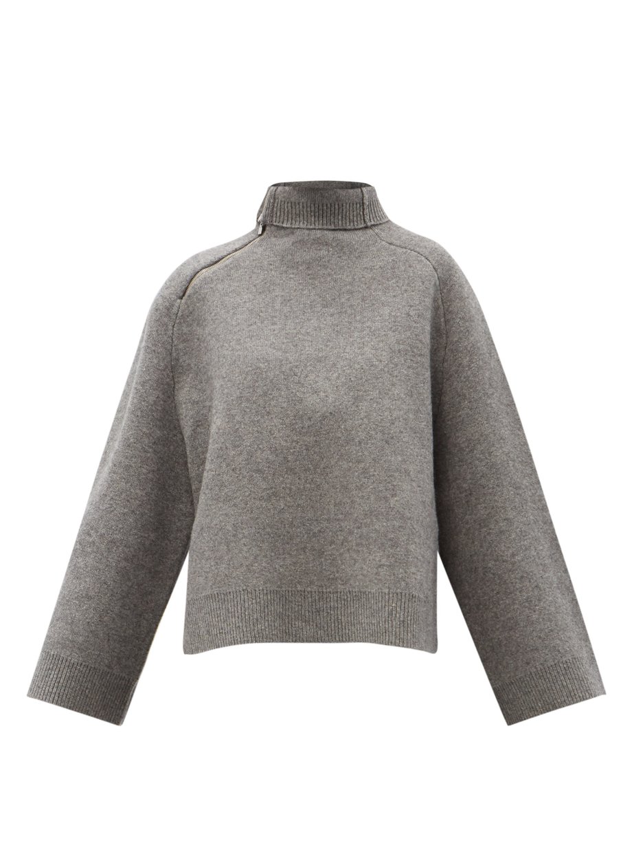 Grey Roll-neck zip-shoulder wool-blend sweater | Totême | MATCHESFASHION UK