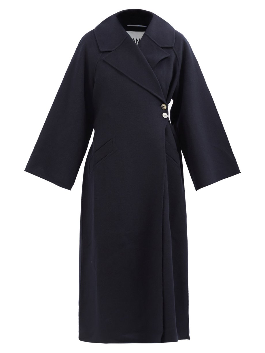 Belted recycled wool-blend coat Navy Ganni | MATCHESFASHION FR
