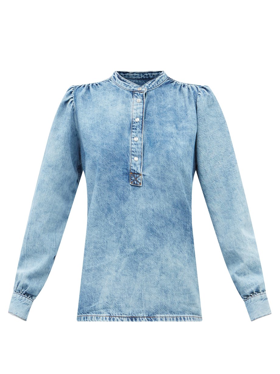 가니 데님 셔츠 Ganni Blue Stand-collar organic cotton-blend denim shirt