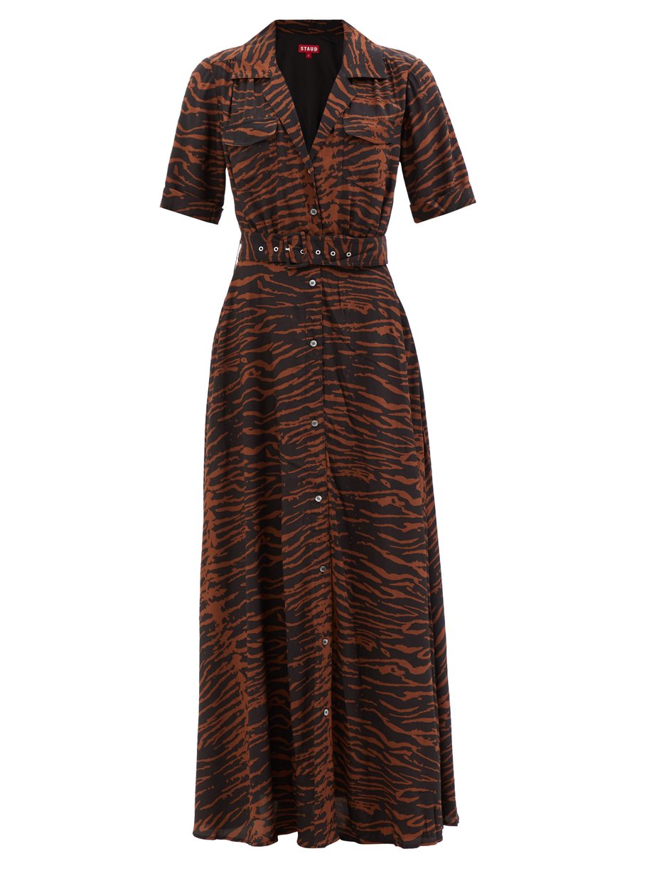 Brown Millie zebra-print maxi shirt dress | Staud | MATCHESFASHION AU