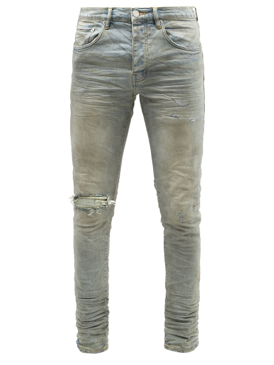 Blue P001 distressed waxed slim-leg jeans | Purple Brand ...