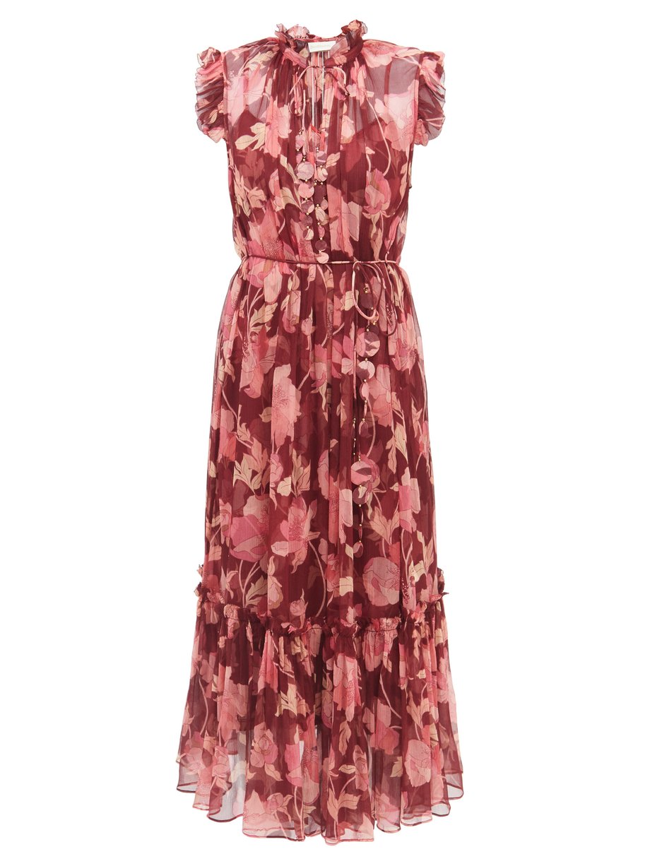 Burgundy Concert Flutter floral-print silk midi dress | Zimmermann ...