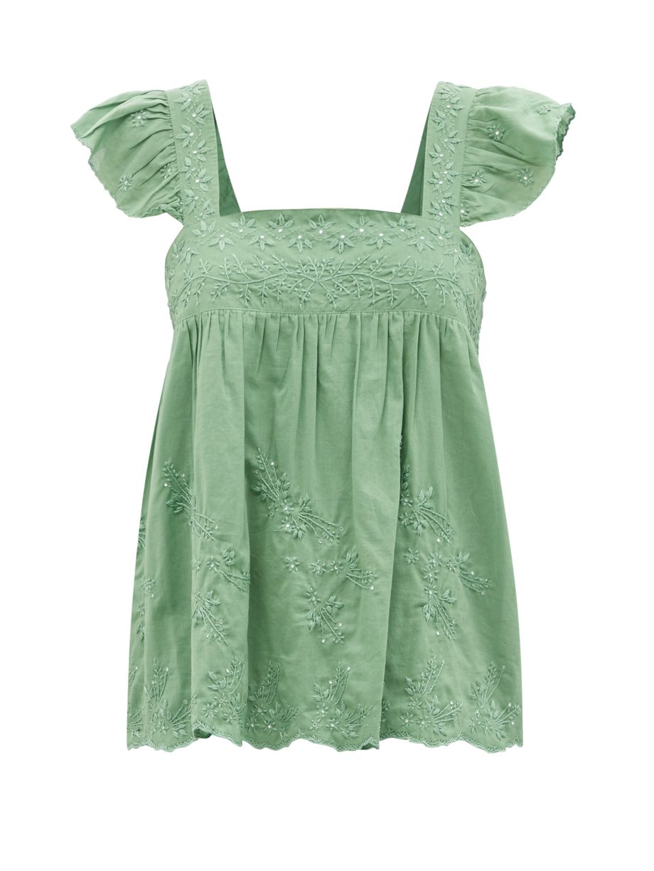 Green Ruffle-sleeve floral-embroidered cotton top | Juliet Dunn ...