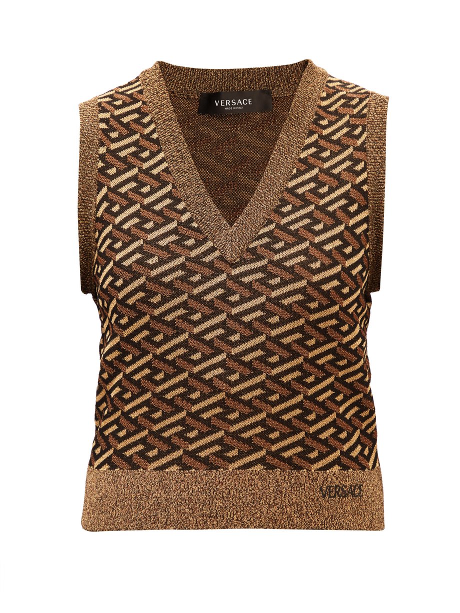 Versace Metallic La Greca monogram-jacquard sweater vest | 매치스패션, 모던 ...