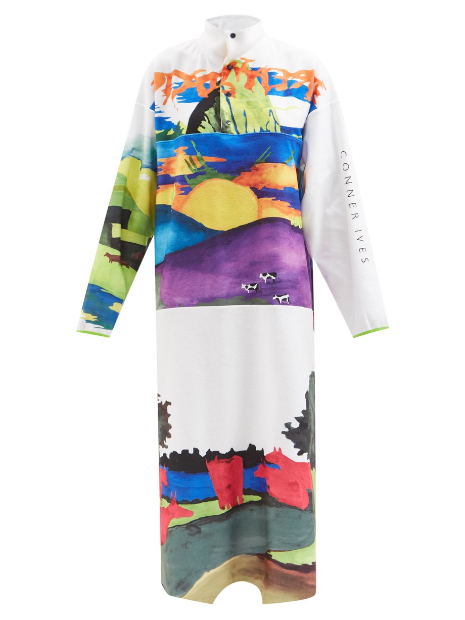 Conner Ives Print Folk Art-print high-neck fleece maxi dress | 매치스패션 ...