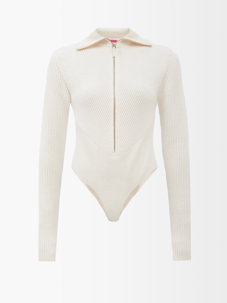 White Zipped long-sleeved ribbed wool bodysuit | GAUGE81 ...
