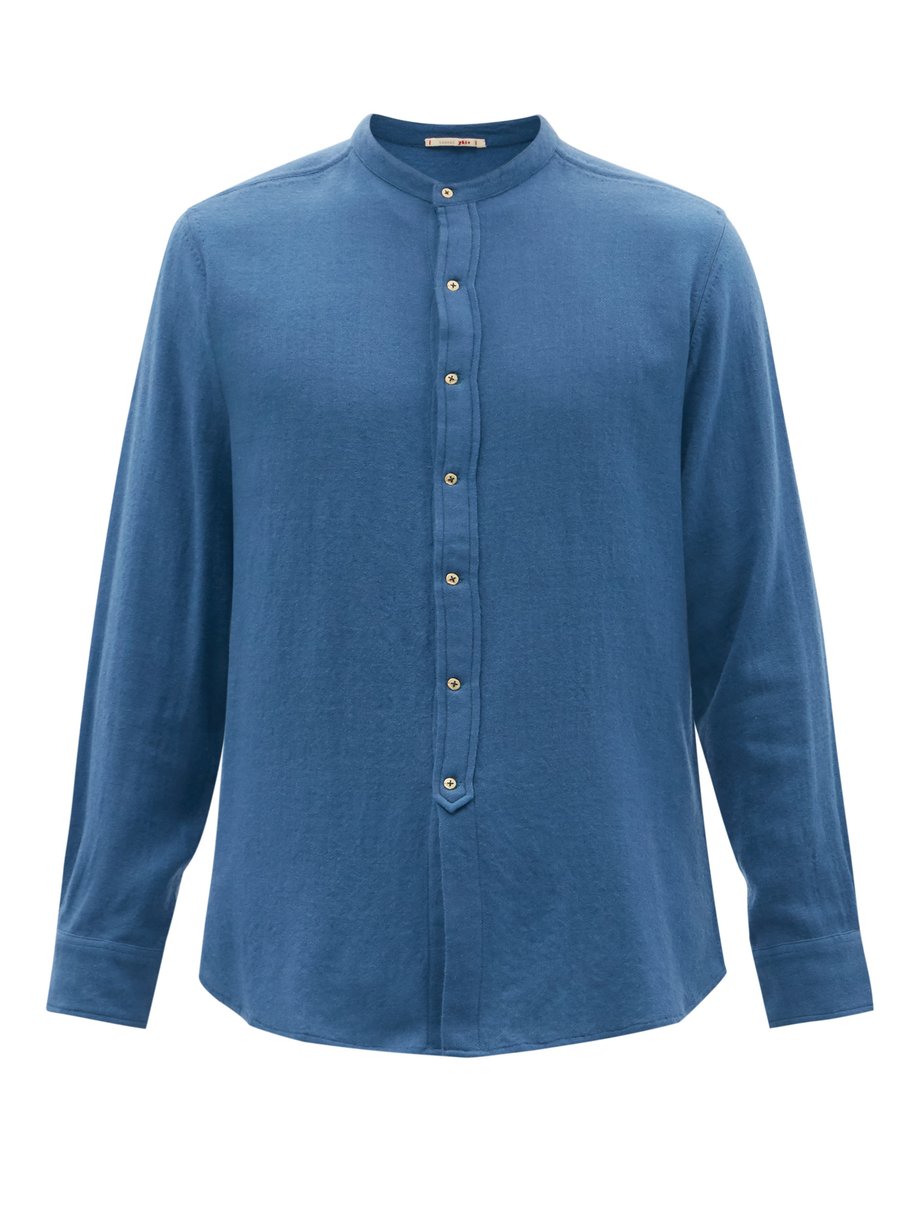 Blue Collarless logo-embroidered wool-twill shirt | Péro ...