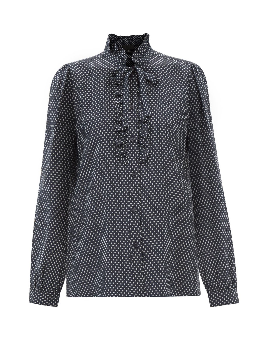 Navy white Miera ruffled polka-dot silk blouse | Nili Lotan ...