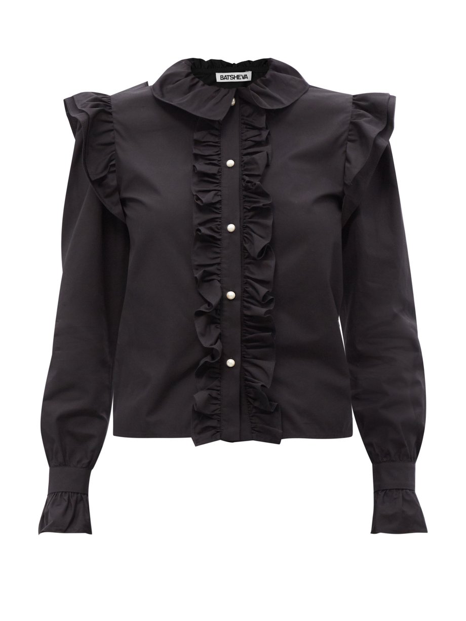 Black Claude ruffle-neck cotton-poplin blouse | Batsheva ...