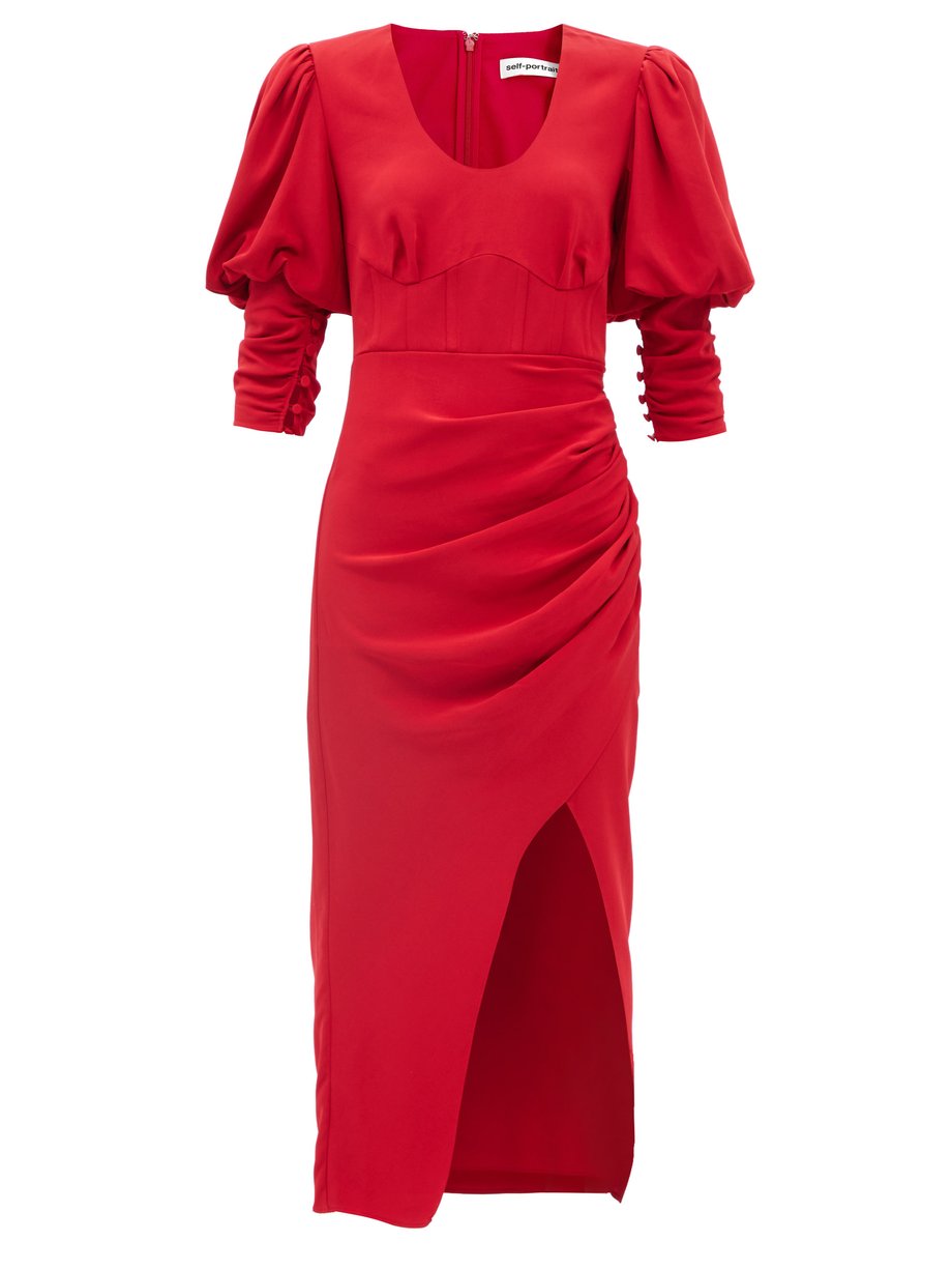 Red Puff Sleeve Crepe Midi Dress Self Portrait Matchesfashion Us 3323