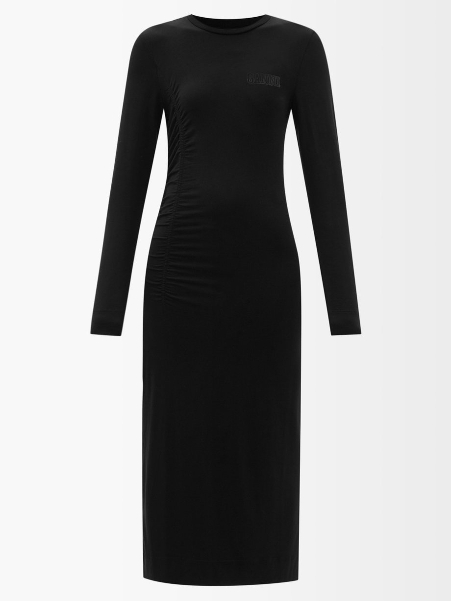 가니 원피스 Ganni BLACK Ruched logo-print lyocell-blend jersey midi dress