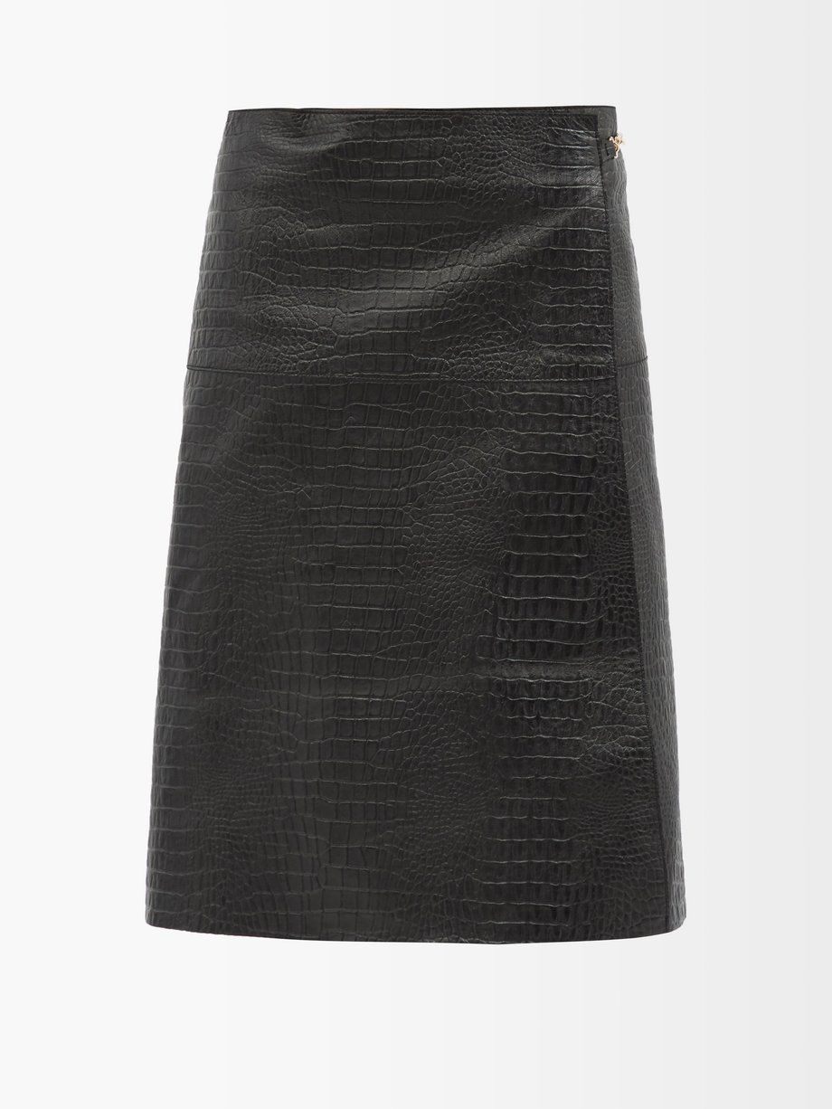 토템 Toteme Black Wrap-front crocodile-effect leather midi skirt