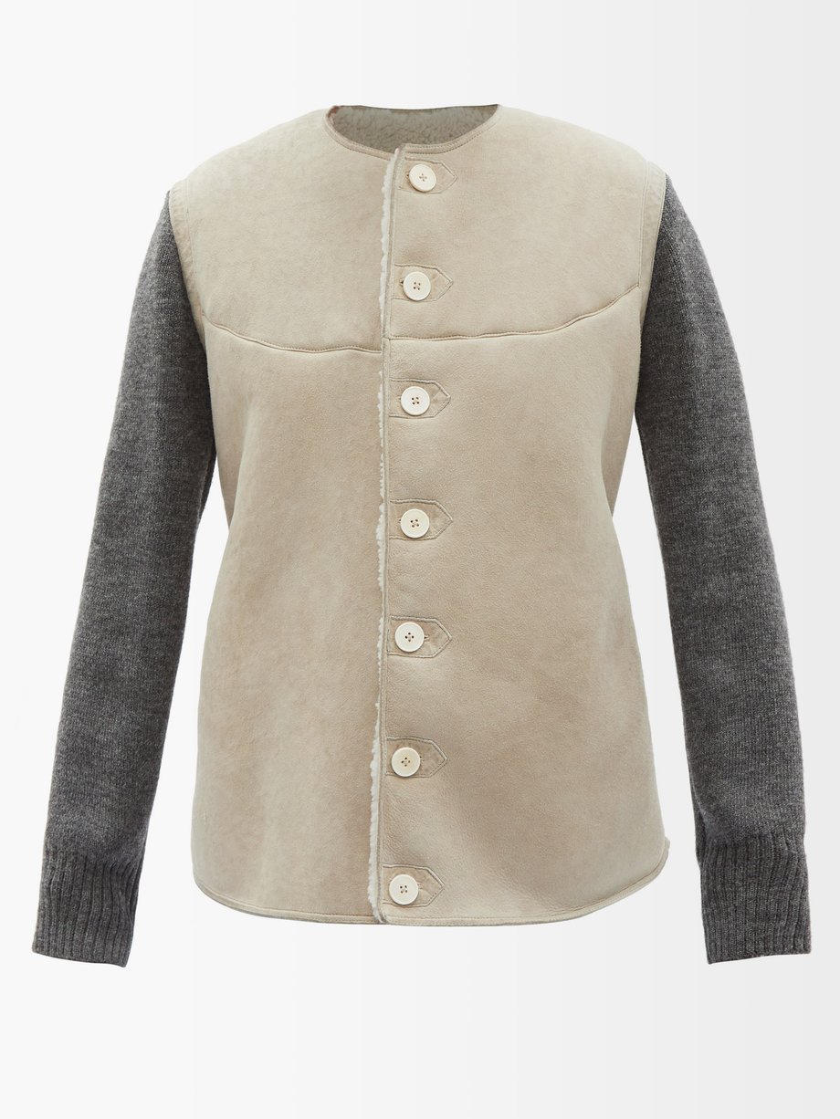 메종 마르지엘라 Maison Margiela Beige Knitted-sleeve shearling jacket