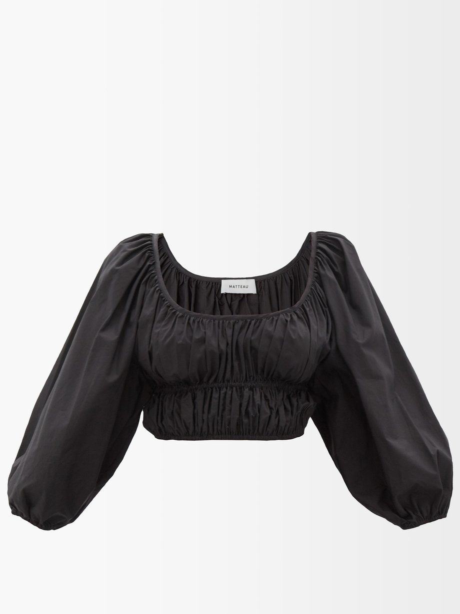 Black Shirred cotton-poplin cropped top | Matteau | MATCHESFASHION US