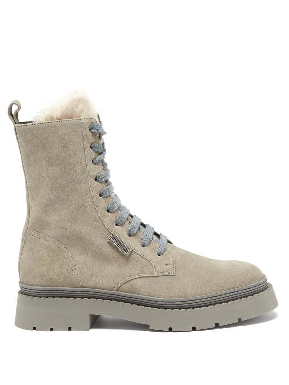 Brunello Cucinelli Grey Shearling and suede ankle boots | 매치스패션, 모던 럭셔리 ...