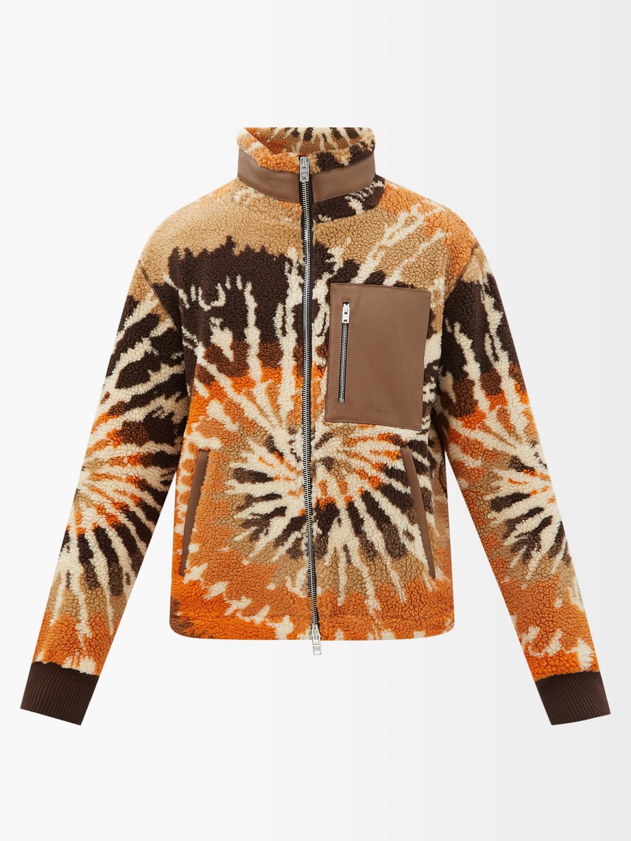 아미리 Amiri Orange Leather-trim tie-dye fleece jacket