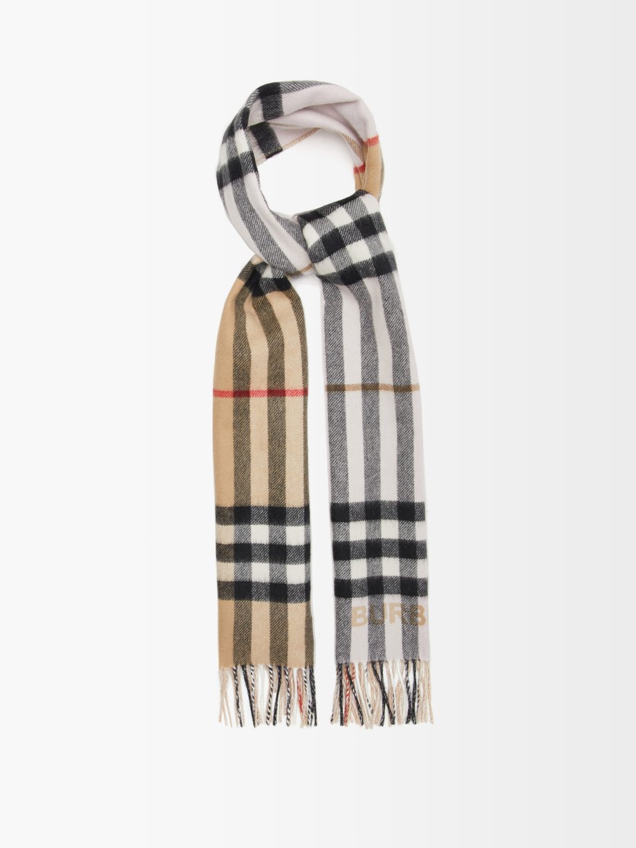 버버리 캐시미어 머플러 Burberry Neutral Giant check fringed cashmere scarf