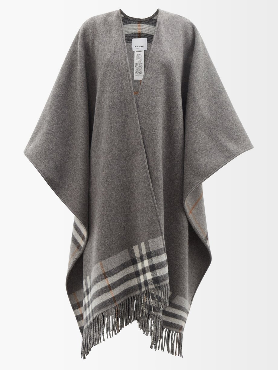 버버리 숄 Burberry Grey Giant-check fringed cashmere-blend shawl