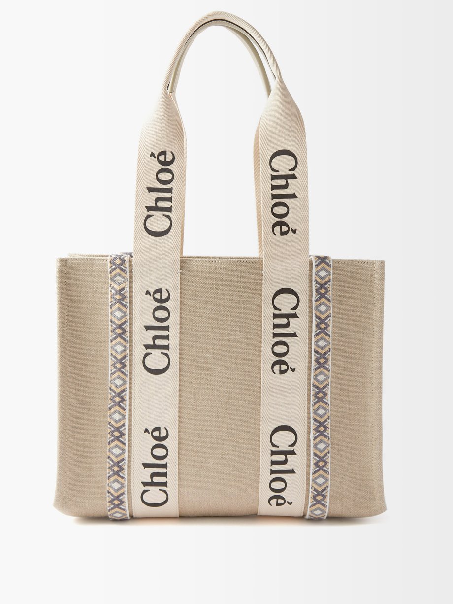 Beige Woody medium logo-print linen-canvas tote bag | Chloé ...