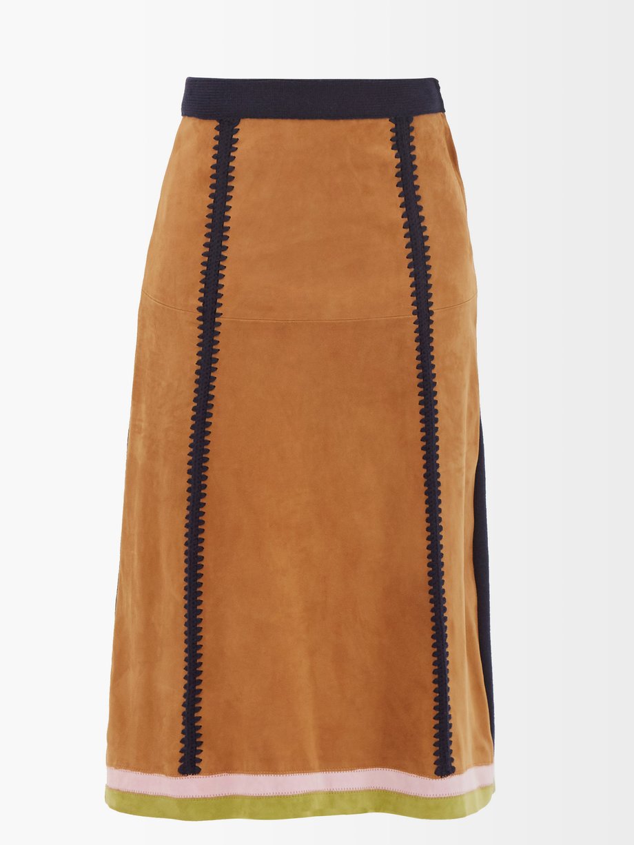 마르니 스커트 Marni Brown Suede and silk-knit midi skirt